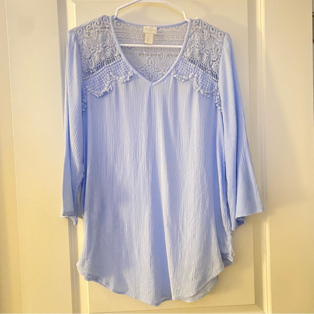 Chico’s baby blue crochet blouse, size 1. - Picture 1 of 8